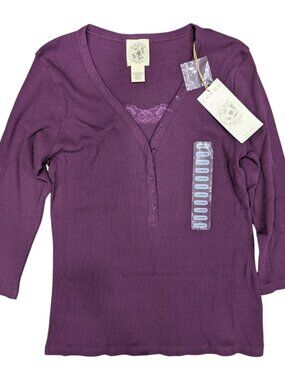 Chaus Organic Plum Wine Organic Ribbed Cotton Henley Sz L Lace Inset 3/4 Sleeve